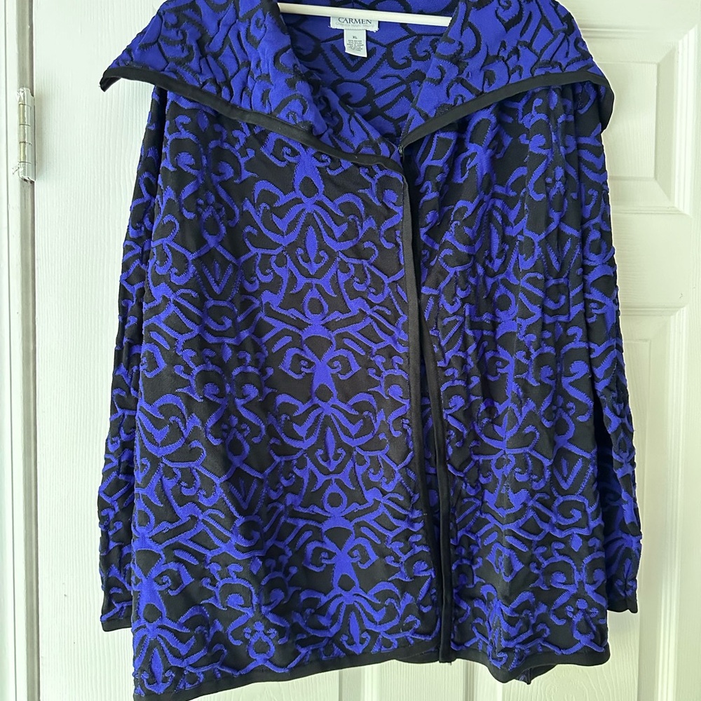 Carmen Marc Valvo Blue and Black Womens 2 button Cardigan Size XL